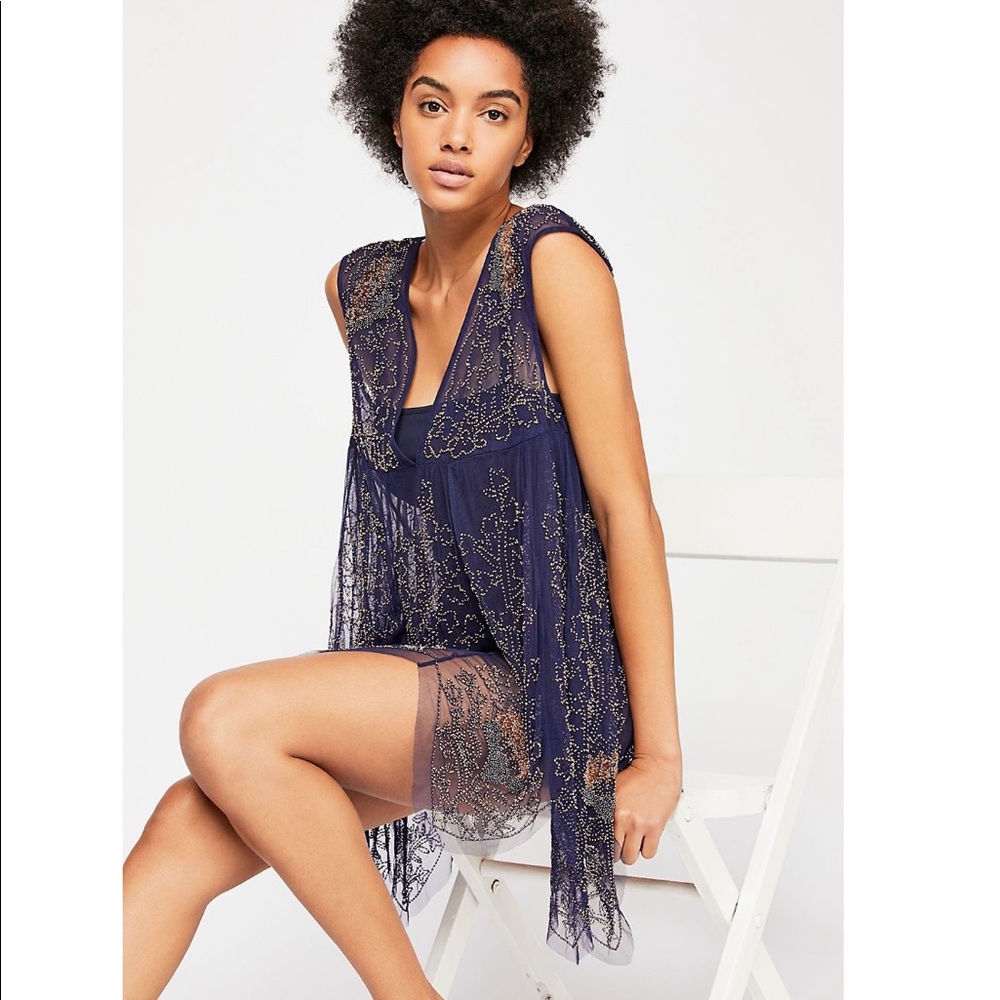 Free People Beaded Ethereal Mesh V-Neck Slip Dress
